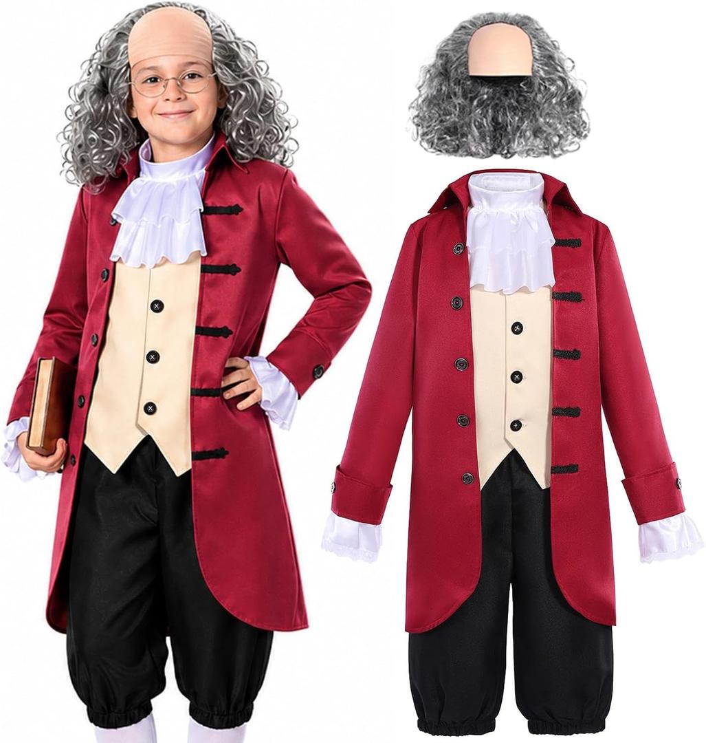Gorkonpy Benjamin Franklin Costume Kids Boys Colonial Founding Father Ben Franklin Costume Kids, 6-8Y