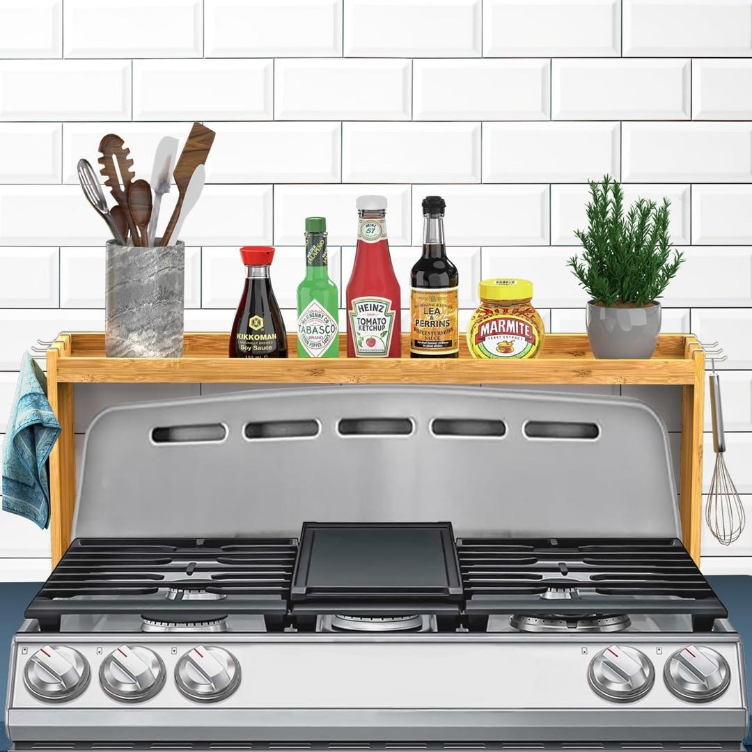 Mount Walker Bamboo Over the Stove Spice Rack, Stove Shelf with 6 Hooks for Back of Stove, 31.5" Kitchen Counter Shelf, Heat-Resistant, Kitchen Countertop Shelf for Spice Organization