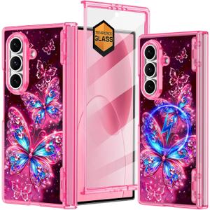 Hekodonk for Galaxy Z Fold 7 Case,[Compatible with MagSafe][Glow in The Dark][Front Screen Protector][Stand][Hinge Protection],Slim Fit for Women Girls for Samsung Galaxy Z Fold 7,Butterfly