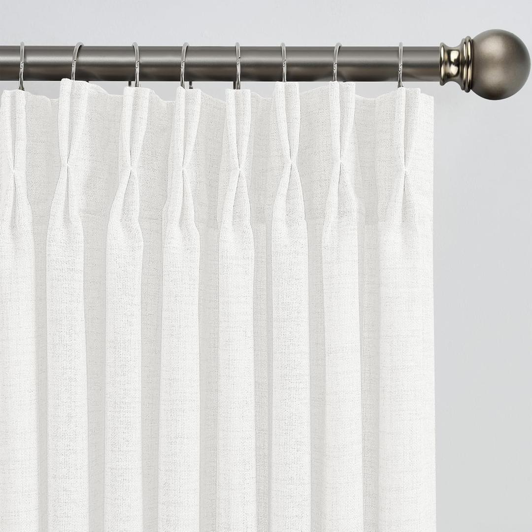White Linen Pinch Pleated Semi Sheer Curtains 2 Panels 120 Inches Long, Back Tab with Hooks, Window Treatment Curtains for Bedroom Cabin 42 Inch Wide