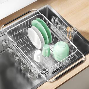 Dish Drying Rack in Sink, Extendable Stainless Steel Dish Drainers for Kitchen Counter, Anti-Rust Dish Dryer Rack with Utensil & Cup Holders, for Inside Sink, Over The Sink (Medium With Cup Holder15.28*11.14*5.16 Inches)
