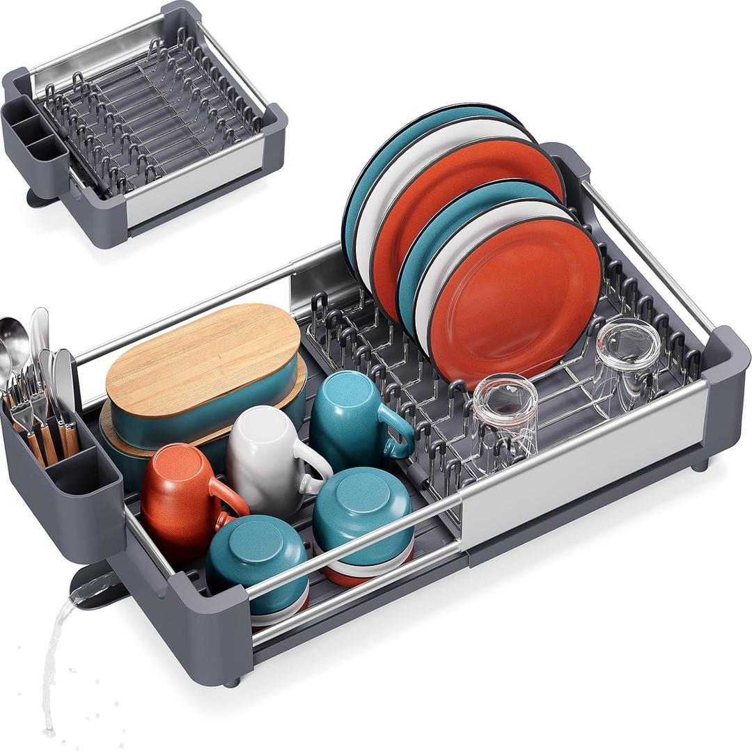 TOOLF Dish Drying Rack for Kitchen Counter, Extendable Dish Rack with Drainboard, Expandable Dish Drainer, Collapsible Dish Strainer with Cutlery Holder, Foldable Home Plate Rack, Aluminum Grey