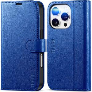 TUCCH Wallet Case for iPhone 16 Pro, [RFID Blocking] [4 Card Slots] TPU Interior Protective Case, Magnetic Folio Shockproof PU Leather Stand Flip Cover Compatible with iPhone 16 Pro, Klein Blue