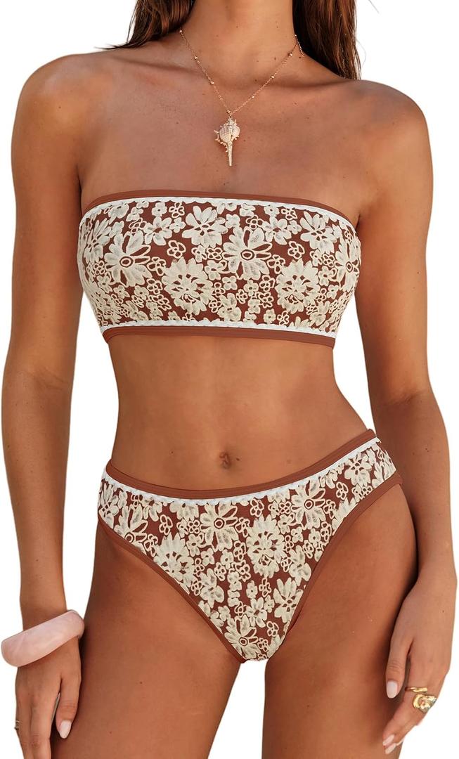 ZAFUL Bikini Set for Women Strapless Textured Bandeau Bikini Two Piece Swimsuit Lace up Bathing Suits (Brown, M)