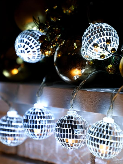 Disco Ball String Light Battery Powered Mirror Balls Ornaments for Outside Backyard Porch