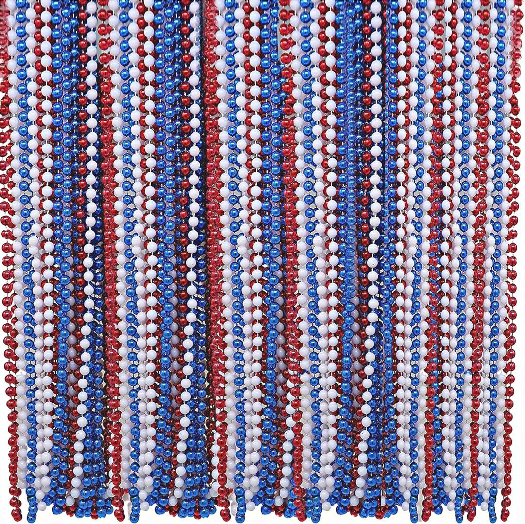 4E's Novelty Patriotic Beads Necklace (72 Pack) Bulk Red White Blue Beads 33 Inch Long 7mm Thick, Great for 4th of July Party Favors, Parade Throws, Dress Up July 4 Accessories Supplies