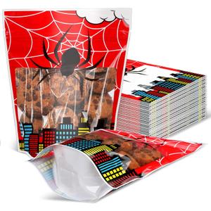 Teenyyou 50 Pcs Spider Party Favors Bags Stand up Spiderweb Pouch Treat Gift Bags with Transparent Window for Cookie Candy Goodies for Halloween Party Supplies, 8 x 6.5 x 2.5 Inch