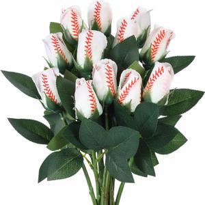 Suhine 12 Pcs Baseball Football Soccer Volleyball Rose Bulk Artificial Sports Flower Decor for Graduation Wedding Party Sports Theme Rose Bouquet Gift for Girl Coach Team Player Fan(Baseball Color)