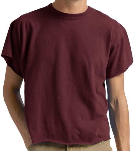 Men's Boxy Raw Cut Tee Short Sleeve Round Neck T Shirts Casual Basic Tops (Red, XXL)