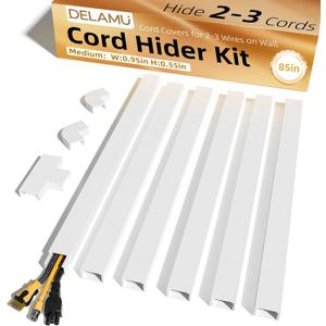Delamu Cord Hider, 85in Cord Covers for 2-3 Wires on Wall, Self-Adhesive Cable Hider, Paintable Wire Hiders Wire Covers for TV Cords on Wall, Easy Mount Cable Cover Raceway Kit, W0.95 H0.55in, White