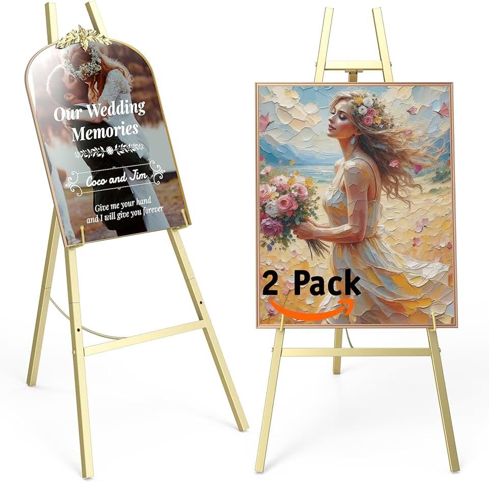 2 Pack Gold Metal Easel Stand 47.5 Inch, Heavy Duty Display Easel with Adjustable Chain, 4-Level Height Art Easel for Wedding Sign, Poster, Painting & Commercial Indoor Outdoor Use
