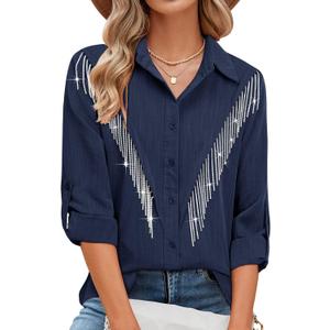 MYMORE Womens Rhinestone Fringe Button Down Shirt Rolled 3/4 Sleeve Sparkly Top Concert Nashville Western Cowgirl Outfit (XX-Large, E_navy Blue)