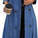 Womens Long Denim Jacket Plus Size Lapel Collar Long Sleeve Trench Coat Button Down Over Knee Tunic Outerwear (Large, Blue)