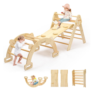 BlueWood Pikler Triangle Set 7in1 Foldable Baby Climbing Toys Wooden Montessori Climbing Set with Arch&Ramp&Ladder Baby Climber Indoor Jungle Gyms for Toddlers Montessori Toys - Rainbow