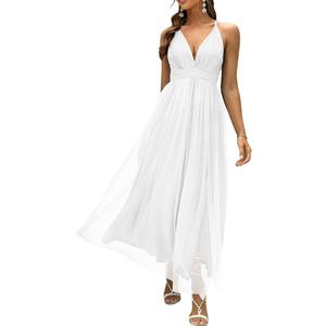 XXTAXN Women's Formal Sexy Mesh Wrap V Neck Sleeveless Spaghetti Strap Adjustable Wedding Guest Long Dress (White)