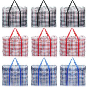 9 Pack 70L Checkered Moving Storage Bags, Large Travel Plaid Bag for Storage Box with Zipper, Heavy Duty Laundry Tote Organizer with Handle for Cloths, Pillow, Bedding, Red, Blue, Black