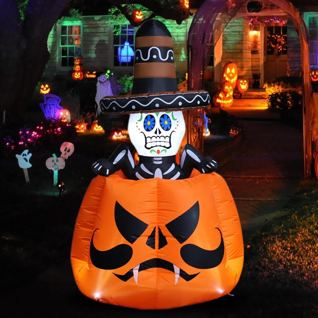 6 FT Halloween Inflatable, Automatic Lifting Skull BodyPumpkin and Ghost Decoration, Halloween Blow Up Yard Decorations with Built in LED Lights for Indoor Outdoor Party Garden Lawn