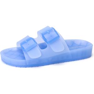 FUNKYMONKEY Women's Comfort Slides Double Buckle Adjustable EVA Flat Sandals (9, Light Blue/Mkls)