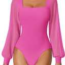 Avidlove Women Puff Long Sleeve Bodysuit Mesh Square Neck Thong Sexy Body Suits Double Lined Leotards, Rose Red, Large