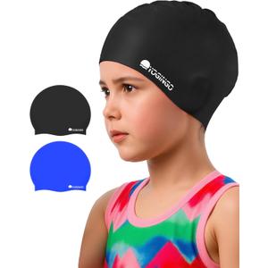 2 Pack Swim Cap Kids - Swimming Cap for Long&Short Hair - Silicone Swim Caps for Girls&Boys, Swim Cap for Kids 3-15, Keep Hair Dry (Medium(age 3-8), Black & Blue)