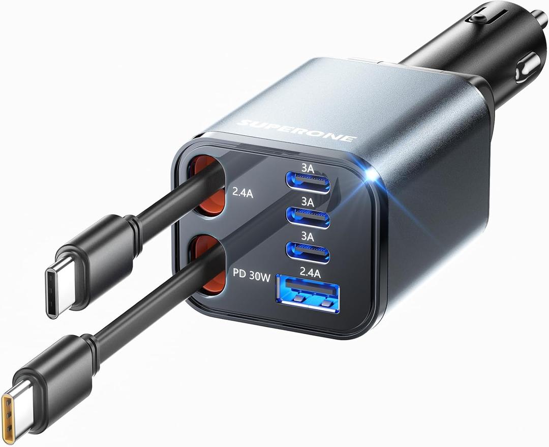 SUPERONE Retractable Car Charger, [Ultra-Compact] 6-Port Car Charger USB C, iPhone Car Chargers Fast Charging with Dual USB C Cables, Car Accessories Phone Chargers for iPhone 17/16/15/14/13/12 Series (GREY)
