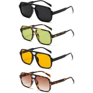 IKANOO 4 Pieces Retro 70s Square Aviator Sunglasses for Women Men Oversized Vintage Sun Glasses Trendy Aviator Shades (Black+leopard Green+orange+tortoise Brown)