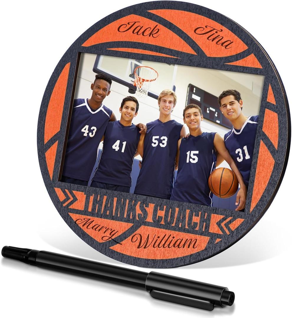 Sport Ball Picture Frame 4 x 6 Signable Thanks Coach Picture Frame with Pen Coaches Appreciation Photo Tabletop for Home Table Decorations Coach Team Birthday Gifts(Orange,Basketball,Round)