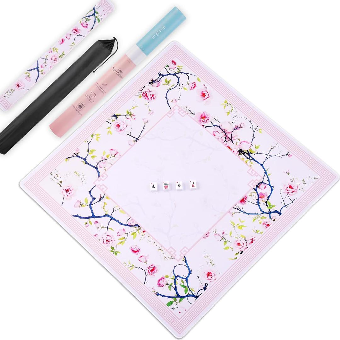 Mahjong Mat & Mah Jongg Mat for Table - Waterproof & Silent, 3mm Thick Non-Slip Game Pad with Unique Designs, Carry Bag & Gift Tube - Premium Mahjongg Accessories for Mother's Day31.5" x 31.5",Pink)