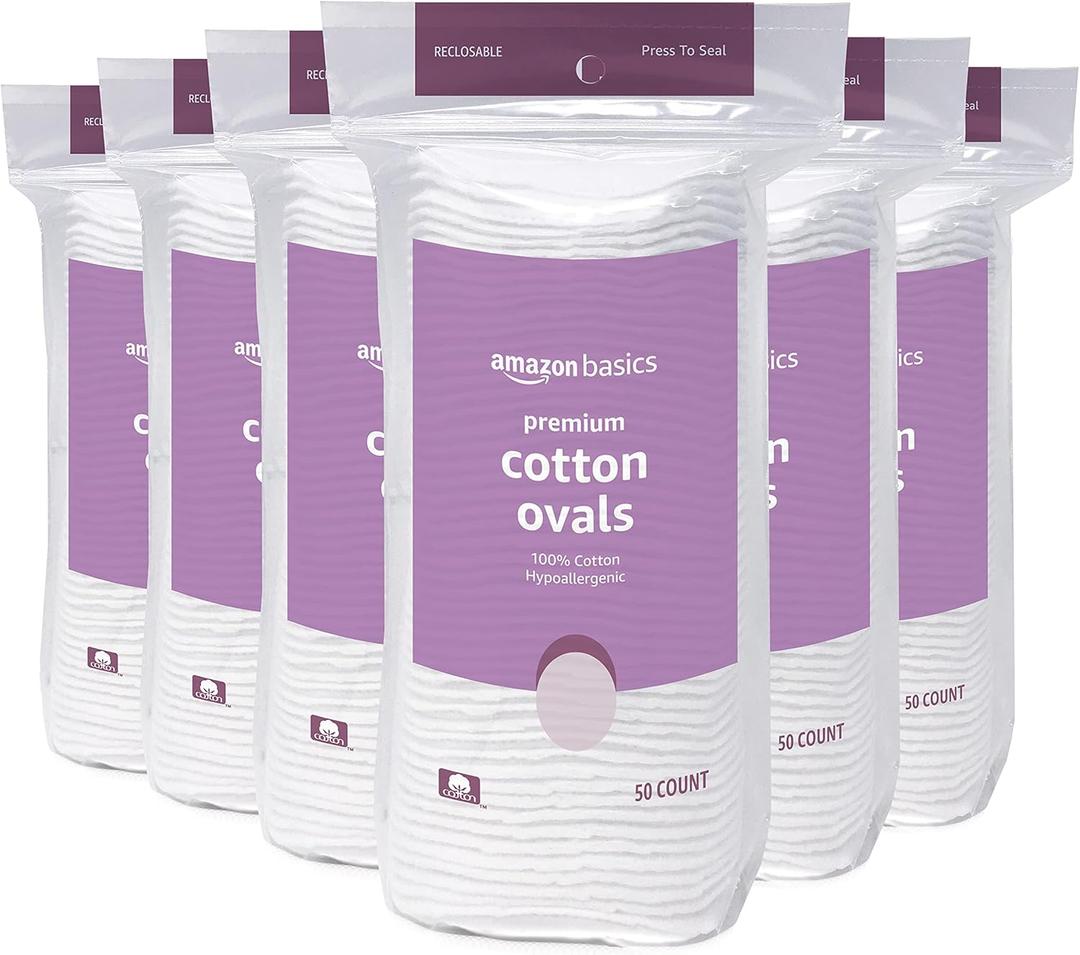 Amazon Basics Oval Premium Makeup Remover Pads, Large, Cotton, Exfoliating, 300 Count (6 Packs of 50) (Previously Solimo)