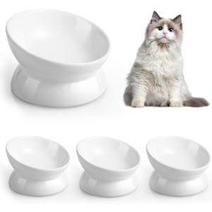 LoeJan Elevated Cat Food Bowl, 5 Oz Ceramic Raised and Tilted Water Bowl, Anti Vomiting and Protect Pets' Spines Dishes for Small Dog, Fat Faced Cat, Kitten (White, 4 Pack)