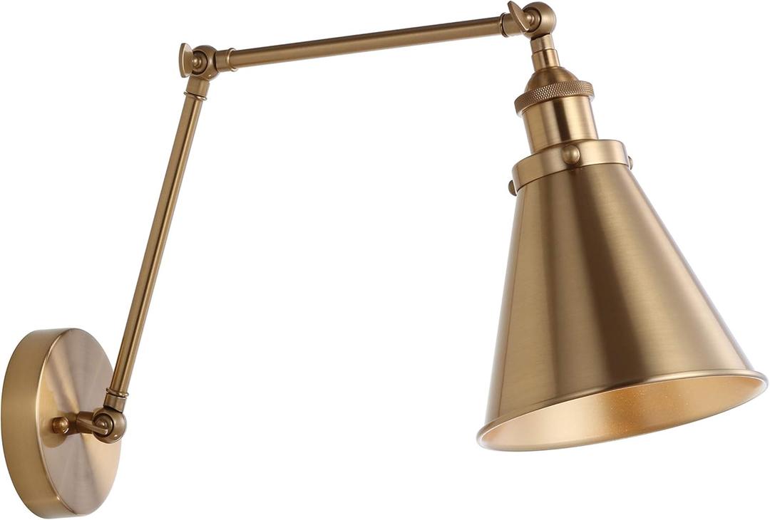 JONATHAN Y 7" Brass Gold Classic Industrial Metal Adjustable Arm LED Wall Sconce for Bedside Reading, Farmhouse Swing Arm Wall Lamp with Metal Shade, Hardwired