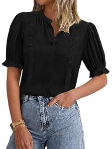 PRETTYGARDEN Women’s Puff Ruffle Sleeve Tops 2025 Summer Trendy V Neck Button Down Shirts Business Casual Embroidery Chiffon Blouses (Black, XXL)