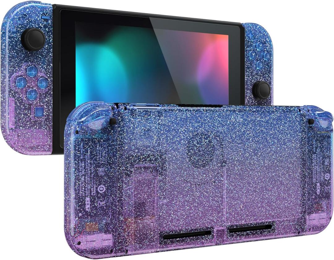 eXtremeRate DIY Replacement Shell Buttons for Nintendo Switch, Custom Back Plate for Switch Console, Housing with Colorful Buttons for Joycon Handheld - Glitter Gradient Translucent Bluebell