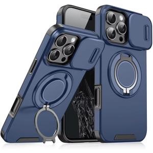 Heavy Duty Series Designed for iPhone 15 Pro Max Case,Rugged 360 Rotatable Ring with Invisible Holder Stand,Slide Camera Cover & Military Grade Drop Protection Shockproof,Blue