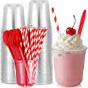 Baderke 50 Set Root Beer Float Cups with Red Plastic Soda Spoons and Paper Straws Plastic Parfait Cups Disposable Stemless Glasses for Milkshake Ice Cream Cocktail Yogurt Party Drinks (12oz)