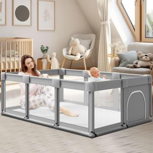Baby Playpen 74 x 50 Inch Play Pen Playards, Playpen for Babies and Toddlers, Baby Playard for Indoor & Outdoor Active Center Game Fence, with Skin-Friendly Fabric and Soft Breathable Mesh Grey