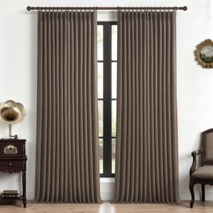 Extra Long 120 Inch Pinch Pleat Dark Brown Curtains for Living Room, Blackout Memory Trained Soundproof Flax Linen High Ceiling Luxury Windows Curtain Insulated 10FT Length Large Drapes 2 Panels Set
