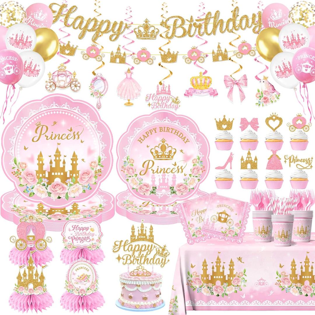 196Pcs Princess Birthday Party Decorations Serves 24,Pink Princess Birthday Themed Tableware Includes Scalloped Plates,Napkins,Tablecloth,Banner,Balloon,Cake Topper for Girls Princess Party Supplies