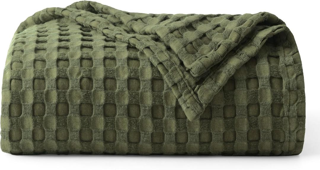 Bedsure Cooling Cotton Waffle Weave Throw Blanket - Lightweight Breathable Blanket of Rayon Derived from Bamboo for Hot Sleepers, Luxury Throws for Bed, Couch and Sofa, Olive Green, 50x70 Inches