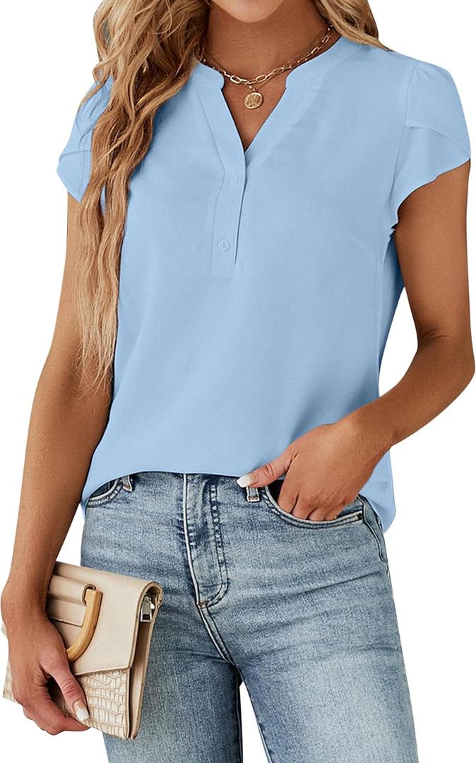 Blooming Jelly Women's Dressy Casual Tops Business Work Blouses White Button Down Shirts Cap Sleeve V Neck Tshirt, X-Small, Sky Blue