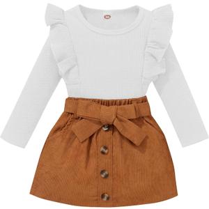AMAWMW Toddler Baby Girl Fall Winter Clothes Long Sleeve Ruffle Shirt Corduroy Mini Skirt Infant Girl A-line Dress (12-18 Months, A White + Brown)