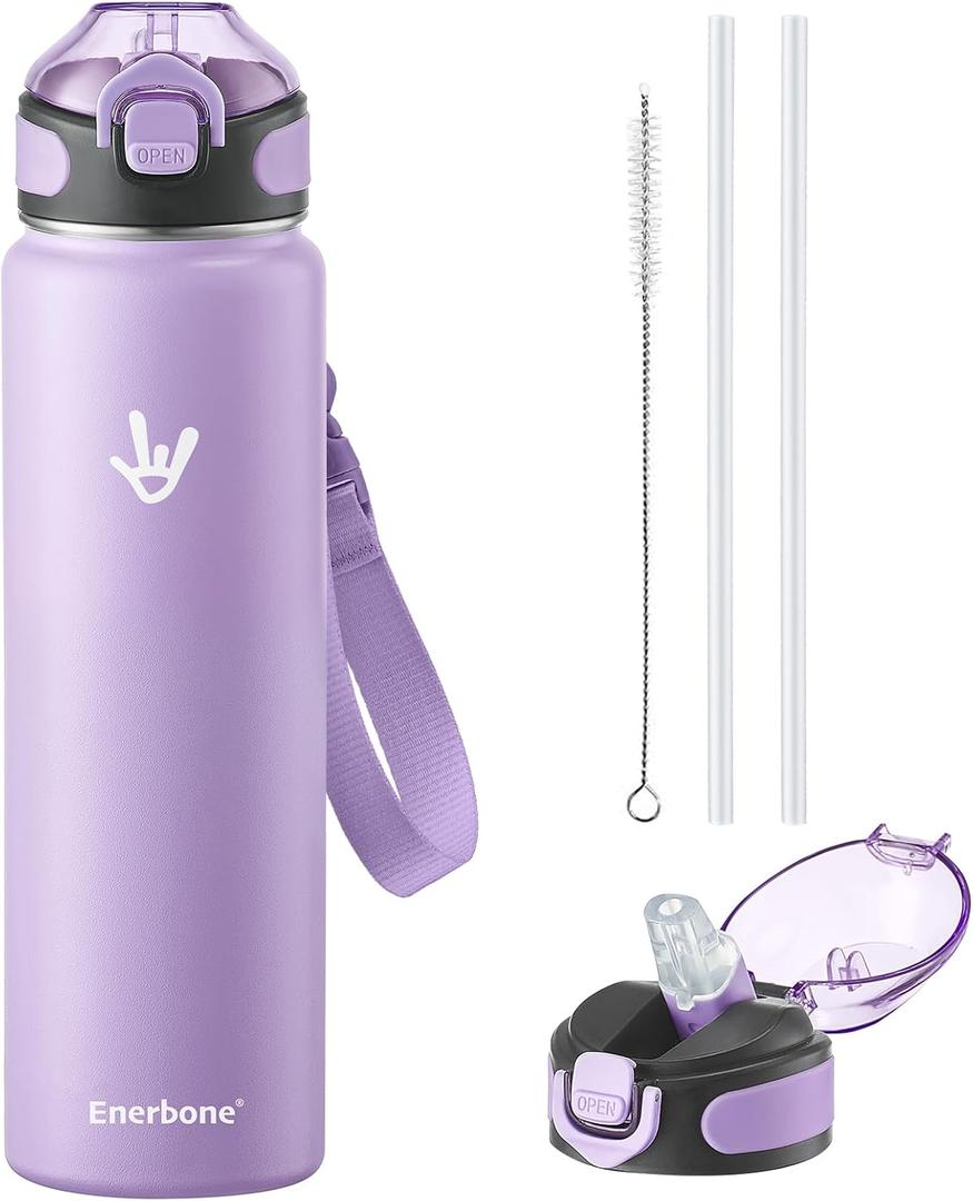 Enerbone 32 oz Insulated Water Bottle, Stainless Steel Bottle with Carrying Strap, Double-Wall Vacuum Insulation Design, Leakproof Sports Bottle with Straw, Keep Drinks Cold or Hot for Hours (Lilac)