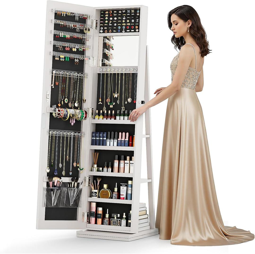 4-In-1 Jewelry Cabinet with Full-Length Mirror, 360 Swivel Jewelry Armoire Lockable Standing, Back Storage Shelves, Makeup Mirror, Jewelry Organizer with Storage for Best Gift, White