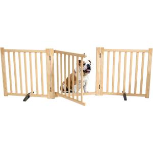 23.7" H Wood Freestanding Dog Gate with Door, Paint-Free Nature Wood Dog Gates Indoor, Pet Gate Indoor for Doorway, Pet Fence for Stairs- 3 Panels