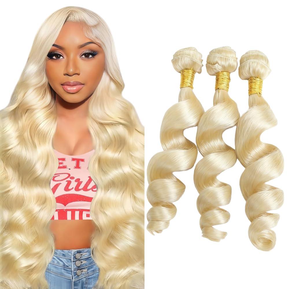 613 Bundles Human Hair Blonde Loose Wave Bundles Human Hair 30 32 34 Inch Unprocessed Brazilian Virgin Weave Hairs Double Weft Blonde 3 Bundle 50 Gram Per Bundle