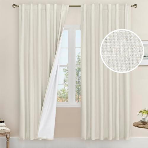LAMIT Natural 100% Blackout Linen Curtains, 78 Inches Linen Textured Thermal Bedroom Curtains Back Tab and Rod Pocket Neutral Panels with White Liner for Farmhouse, 2 Panels, 52 x 78 Inch, Ivory