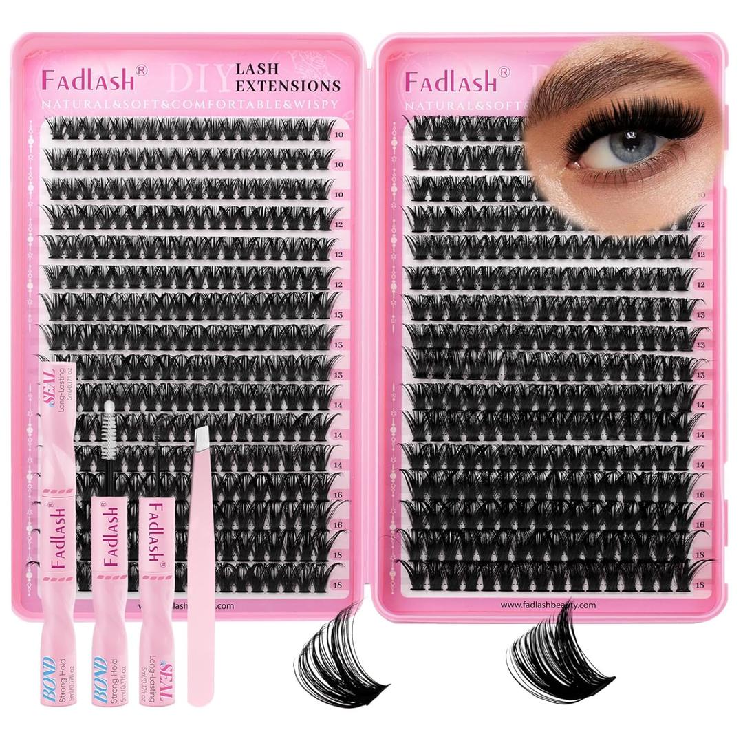 FADLASH Lash Clusters Kit 80D+100D Eyelash Clusters Natural D Curl Cluster Eyelash Extensions 10-18mm Fluffy Lashes with Lash Bond and Seal Lash Tweezer DIY at Home (80D+100D, Kit)
