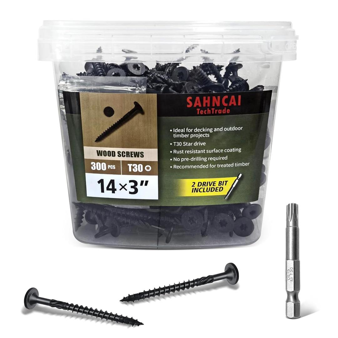SahncaiTechTrade 3 Inch Wood Screws 300Pcs, Heavy-Duty Outdoor Deck Screws for Timber/Log/Landscaping Wood, with T30 Star Bit (#14 x 3) (Black)