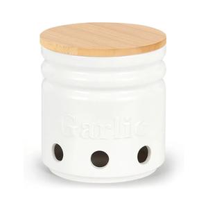 Garlic Keeper for Counter - Garlic Holder with Bamboo Lid,Garlic Container to Keep Your Garlic Cloves Fresh Longer,Large Ceramic Garlic Storage for Kitchen, White