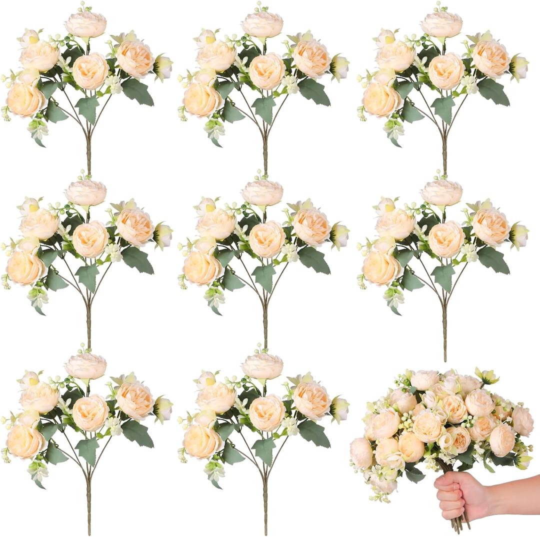 Luyue 8 Packs Peonies Artificial Flowers Vintage Faux Peony Bouquet Fake Flower for Vase Silk Floral Arrangements for Table Centerpiece Wedding Decoration Indoor Home Decor (White-green-8pcs)